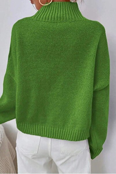 Miss Poem Kadın Boğazlı Balıkçı Yaka Oversize Uzun Yeşil Triko Kazak