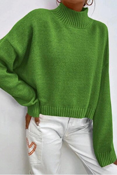 Miss Poem Kadın Boğazlı Balıkçı Yaka Oversize Uzun Yeşil Triko Kazak