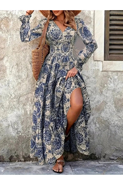 JANES فستان نسائي من قماش السوبرم مطبوع بأكمام طويلة ورقبة على شكل حرف V