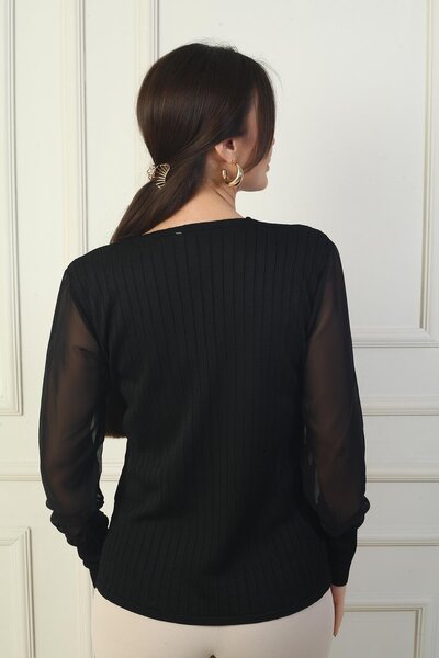 By Saygı Women's Sleeves Chiffon V-Neck Sweater