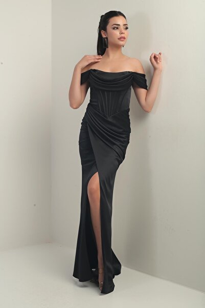 By Saygı Women's Strapless Low Sleeve Lined Underwire Satin Long Dress