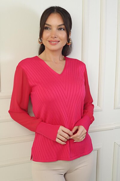 By Saygı Women's Sleeves Chiffon V-Neck Sweater