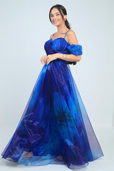 By Saygı Women's Thin Strap Fake Sleeves Lined Floral Organza Long Dress