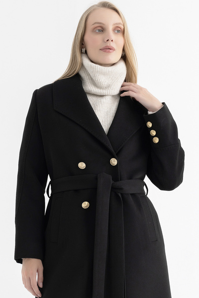 Mia Kara Swallow Collar Double-Breasted Gold Button and Sleeve Detail Long Wo...