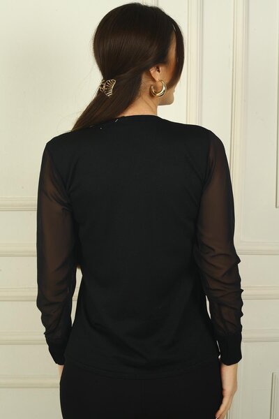 By Saygı Women's V-Neck Half Stripe Sleeves Chiffon Sweater