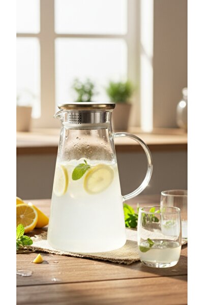 Yonca Hediyelik METAL KAPAKLI SÜZGEÇLİ CAM SÜRAHİ (1.9 L 24 CM BOY )