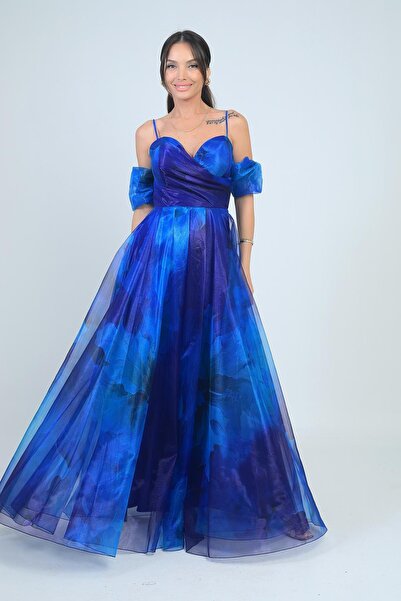 By Saygı Women's Thin Strap Fake Sleeves Lined Floral Organza Long Dress