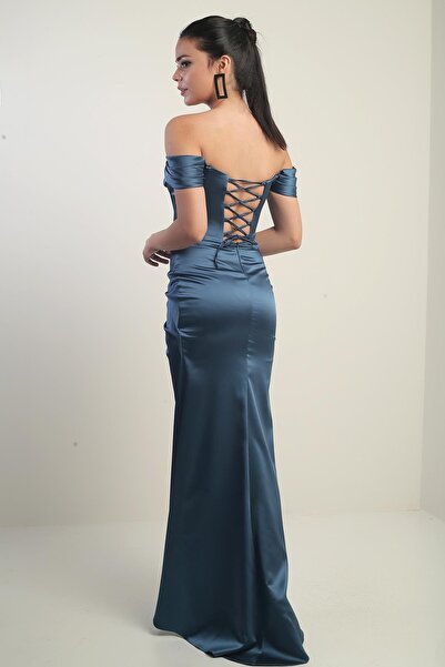 By Saygı Women's Strapless Low Sleeve Lined Underwire Satin Long Dress