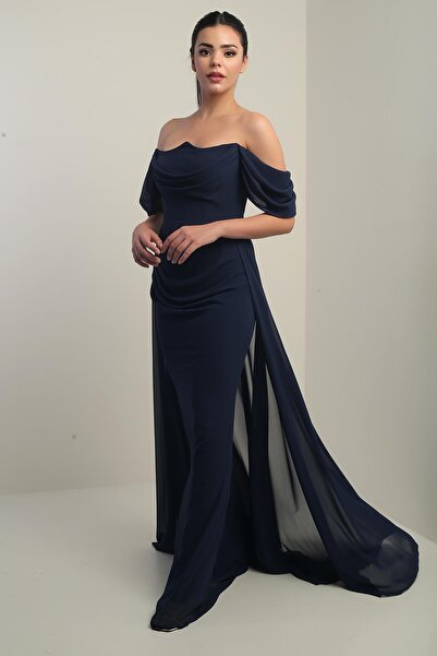 By Saygı Kadın Düşük Kollu Balenli Astarlı Pelerinli Şifon Uzun Elbise