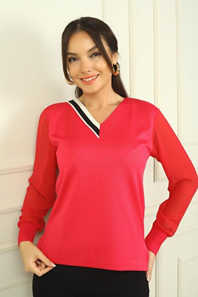 By Saygı Women's V-Neck Half Stripe Sleeves Chiffon Sweater