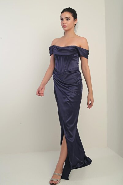 By Saygı Women's Strapless Low Sleeve Lined Underwire Satin Long Dress