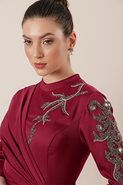 By Saygı Φόρεμα Hijab με Κεντημένο Πέτρινο Κρεπ Σατέν με Φόδρα