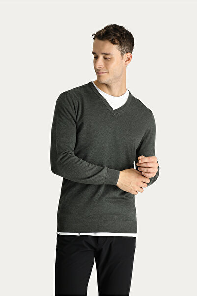 Kiğılı V Yaka Slim Fit Dar Kesim Pamuklu Triko Kazak