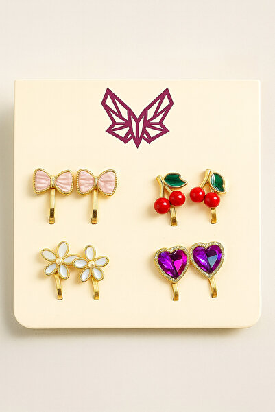 MakeWell Ekonomik Paket Deliksiz küpe Fiyonk Kalp Çiçek Hello Kity Yonca Kiraz Tasarımlı Sıkıştırmalı Küpeler