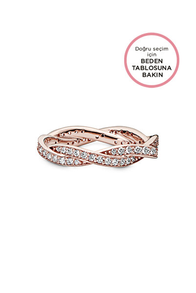 Pandora Şeffaf kübik zirkonlu, örgülü 14 ayar pembe altın kaplama yüzük