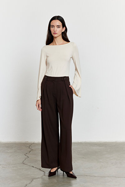 FACETTE Kadın Acı Kahve Düğme Detay Yüksek Bel Palazzo Pantolon