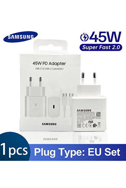 Samsung مجموعة شاحن S24 Ultra الأصلي باللون الأبيض من الاتحاد الأوروبي، محول شحن سريع 45 وات، كابل 5 أمبير أصلي