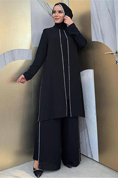 TRENDTESETTÜR KADIN SİYAH TAŞLI PANTOLONLU TAKIM T 7848