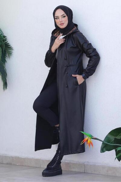 TRENDTESETTÜR KADIN SİYAH KAPÜŞONLU SUNİ DERİ KABAN T 4121