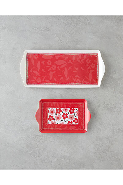 English Home Pink Flowers Melamin 2'li Tepsi 36x16 cm + 24x14 cm Pembe