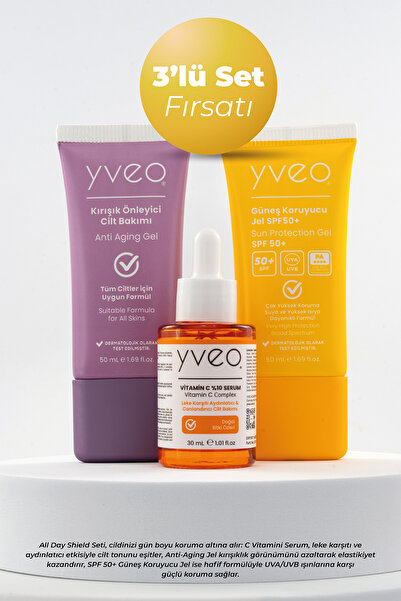 YVEO All Day Shield 3 lü Set - Anti Aging Jel, Güneş Jeli, C Vitamini