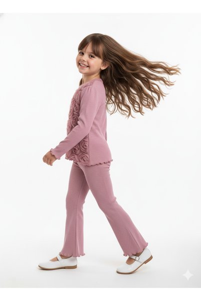 HÜMAKİDSWEAR Ribana Fabric Half Rose Embroidered Girls' Combination Set