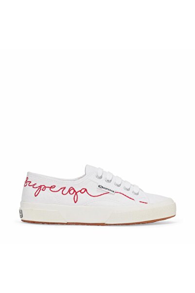 Superga 2750 Red Embroidery Kadın Beyaz-Kırmızı Bileksiz Sneaker