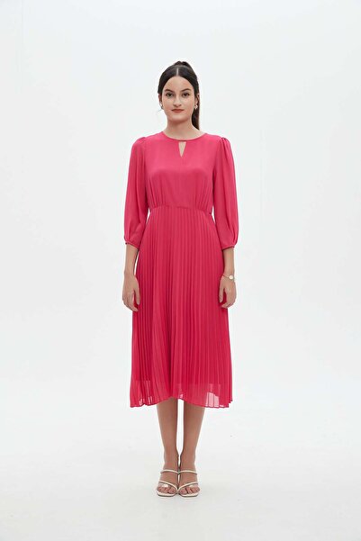 Nichii Women's Midi Dress with 3/4 Sleeves, Round Neck, Solid Color & Ruffled Hem