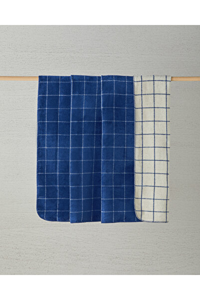 English Home Plain Check Pamuklu Çift Kişilik Battaniye Lacivert - Krem