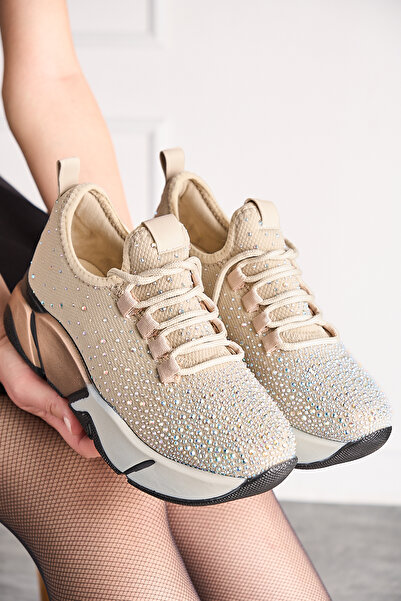 İmerShoes Daily Women's Beige Sports Shoes Stone Laced Light Thick High Color Sole Walking Sneaker 403