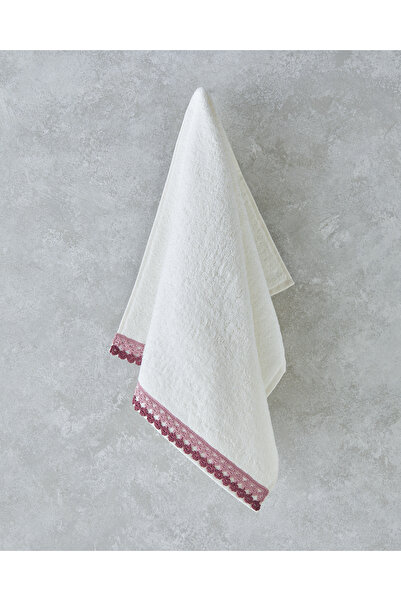 Flower Line Pamuklu Kroşeli Yüz Havlusu 50x80 cm Ekru - Pembe