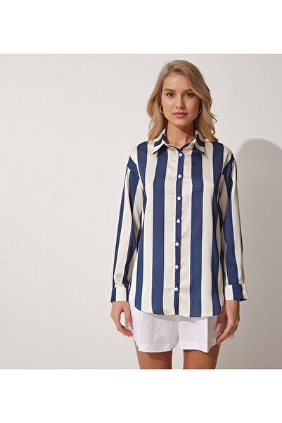 hazelin Жіночий темно-синій кремовий атлас в смужку Сорочка HZL23SBD1201731