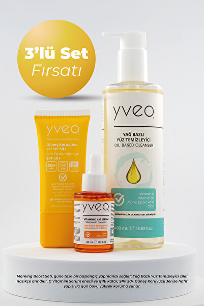YVEO Morning Boost 3 lü Set - Güneş Jeli, Yüz Temizleme Yağı, C Vitamini