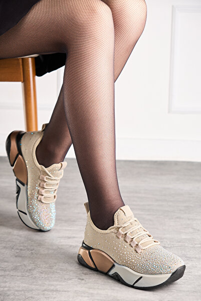 İmerShoes Daily Women's Beige Sports Shoes Stone Laced Light Thick High Color Sole Walking Sneaker 403