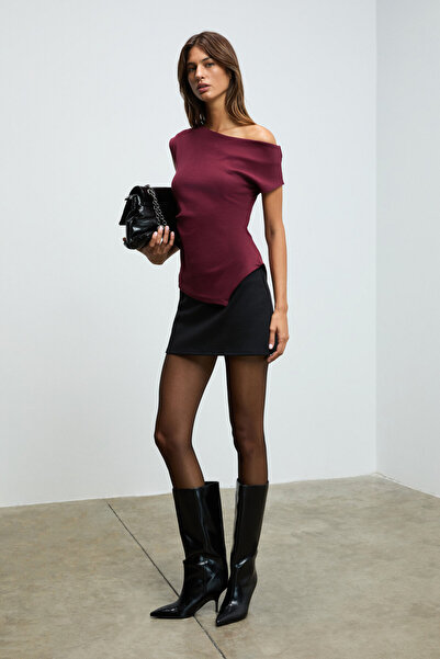 GRIMELANGE Rehinga Women's Asymmetrical Collar Regular Short Sleeve Burgundy Blouse