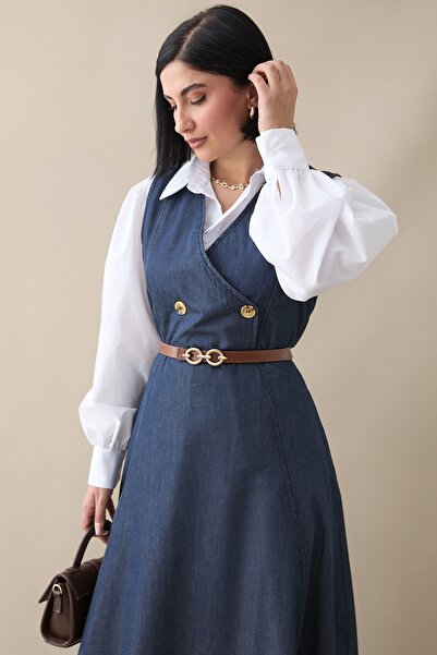 InStyle Kemerli V Yaka Koyu Mavi Kot Jile Elbise