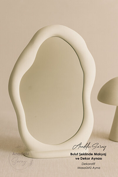 Anadolu Saray Bohem Bulut Pembe ve Beyaz Tarzı Dekoratif Masaüstü Ayna - Bulut Şeklinde Makyaj ve Dekor Aynası