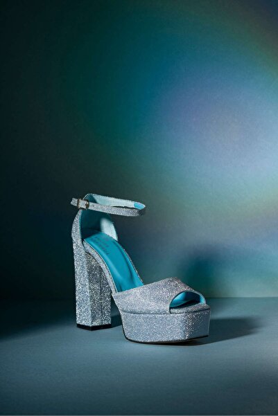 SVS SHOES ISTANBUL Mavi Simli Kalın Topuklu Platform Kadın Ayakkabı Şık Gece Parti Davet Kombini