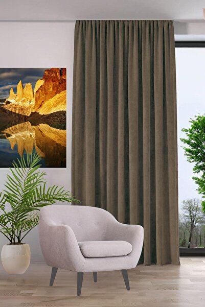 GOCCIA HOME Kadife Dokulu Fon Perde Pilesiz Tek Kanat Açık Kahve