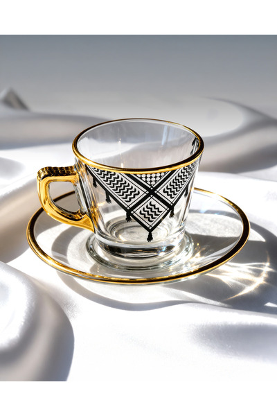 Zaytoon طقم فناجين قهوة، طقم فناجين قهوة تركية مكون من 6 قطع مطرزة بتصميم فلسطيني (كوفية)