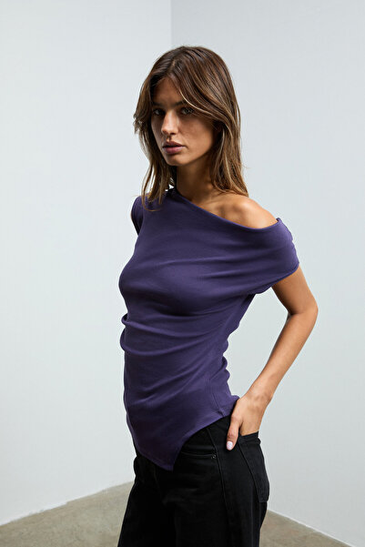 GRIMELANGE Rehinga Women's Asymmetric Collar Regular Short Sleeve Purple Blouse