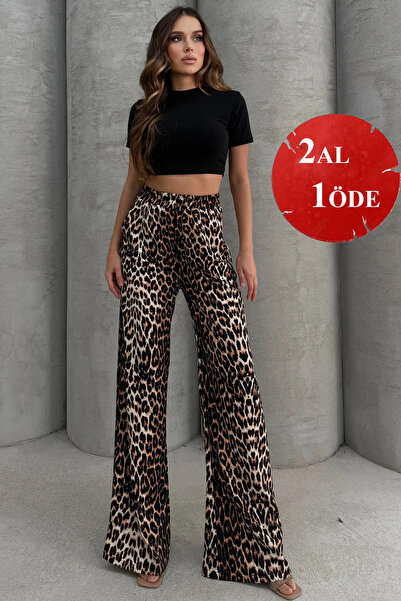 Lesa Wear Leopar Desenli Yumuşacık Yüksel Bel Geniş Paça Likralı Jarse Pantolon Flared
