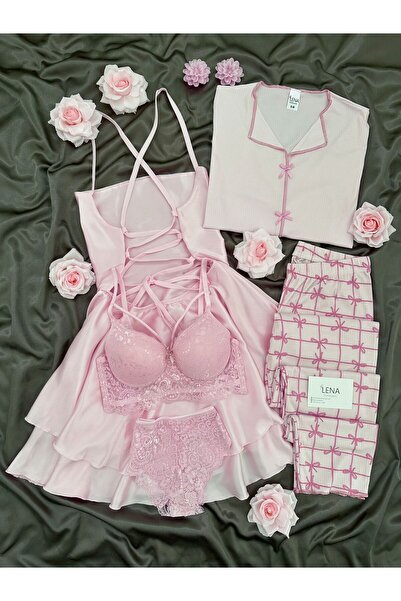 Lena Homewears Pembe Saten Kutulu 5 Parça Gecelik Pijama  Iç Giyim Pembe Aşk Çeyiz Seti