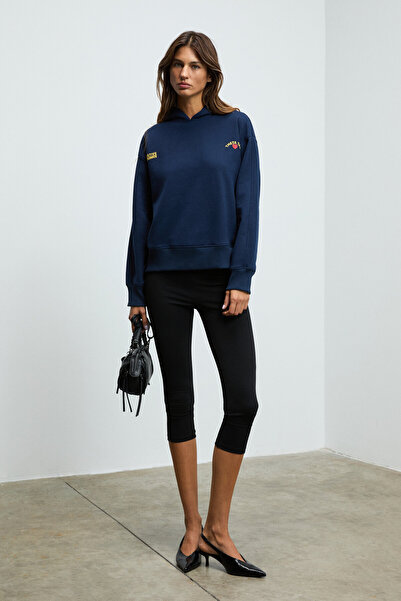 GRIMELANGE Isrop Women's Soft Fabric Printed Hooded Navy Blue Sweatshirt