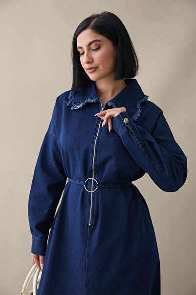 InStyle Dark Blue Denim Dress with Tassel Semi Zipper