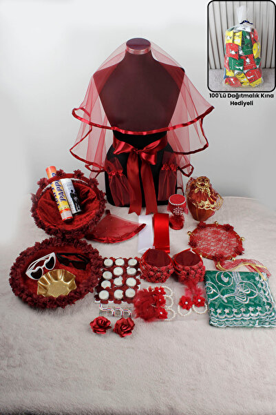 Mortex Bordo Biyeli Lüks Kına Gecesi Seti | Gelin Damat Duvak ve Kına Malzemeleri Aksesuar Seti