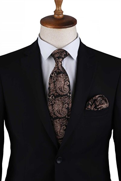 Kravatkolik Kahverengi Şal Desen Mendilli Klasik Kravat KK13121