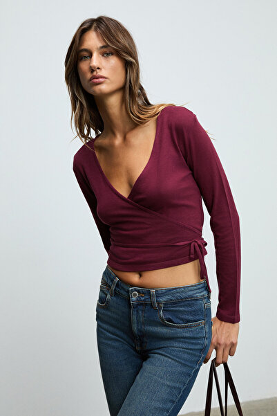 GRIMELANGE Olivierns women's front tie body hugging breathable fabric burgundy blouse