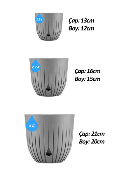 ToXA 3 Boy Tabaklı Drenaj Delikli Çizgi Saksı Seti Drenajlı Plastik Çiçek Saksısı Set