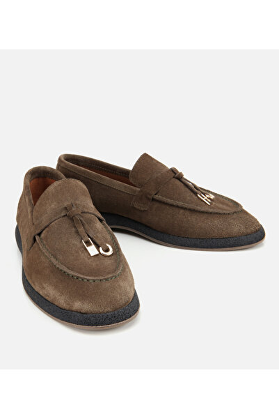 Hotiç Kadın Süet Deri Haki Gold Aksesuarlı Klasik Loafer